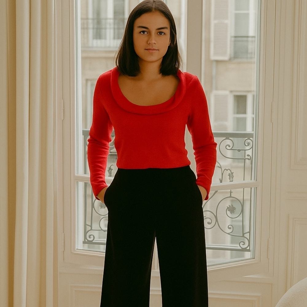 Chic Cherry Red Cowl Neck Quality Knit Jersey Stretchy Side Zipper Sz S LIKE NEW